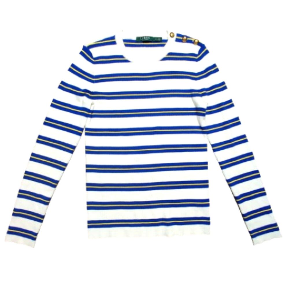 Lauren Ralph Lauren Women's M White Blue Yellow Striped Button Shoulder Sweater